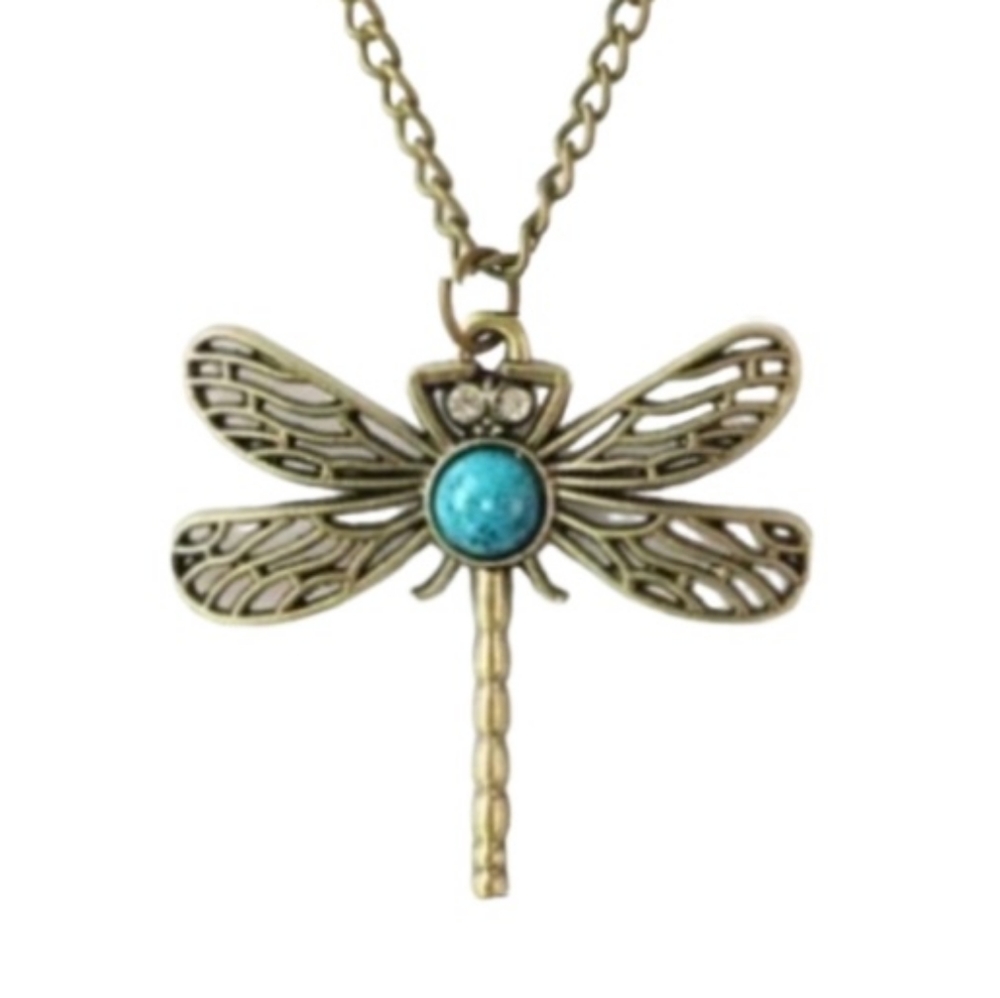 DRAGONFLY Turquoise Blue Bronze Long Chain Sweater Necklace Necklaces Boho